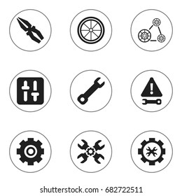 Set Of 9 Editable Mechanic Icons. Includes Symbols Such As Options, Equalizer, Cambelt And More. Can Be Used For Web, Mobile, UI And Infographic Design.