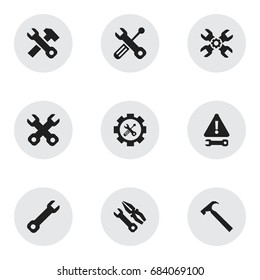 Set Of 9 Editable Mechanic Icons. Includes Symbols Such As Settings, Warning, Build Equipment And More. Can Be Used For Web, Mobile, UI And Infographic Design.