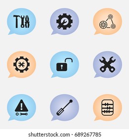 Set Of 9 Editable Mechanic Icons. Includes Symbols Such As Arithmetic, Screwdriver, Spanner And More. Can Be Used For Web, Mobile, UI And Infographic Design.