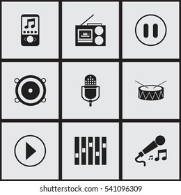 Set Of 9 Editable Media Icons. Includes Symbols Such As Snare, Stop, Start Audio And More. Can Be Used For Web, Mobile, UI And Infographic Design.