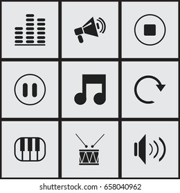 Set Of 9 Editable Media Icons. Includes Symbols Such As Announcement, Piano, Musical Symbol And More. Can Be Used For Web, Mobile, UI And Infographic Design.