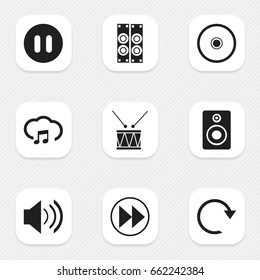 Set Of 9 Editable Media Icons. Includes Symbols Such As Audio Bass, Pause, Sound And More. Can Be Used For Web, Mobile, UI And Infographic Design.