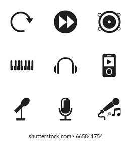 Set Of 9 Editable Media Icons. Includes Symbols Such As Headphones, Karaoke, Octave And More. Can Be Used For Web, Mobile, UI And Infographic Design.