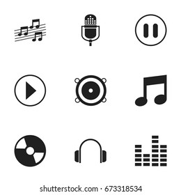 Set Of 9 Editable Media Icons. Includes Symbols Such As Musical Sign, Music, Bass Speakers And More. Can Be Used For Web, Mobile, UI And Infographic Design.