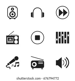 Set Of 9 Editable Media Icons. Includes Symbols Such As Rewind, Sound, Earphone And More. Can Be Used For Web, Mobile, UI And Infographic Design.