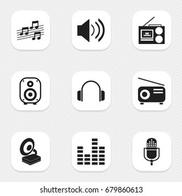 Set Of 9 Editable Media Icons. Includes Symbols Such As Musical Sign, Phonograph, Microphone And More. Can Be Used For Web, Mobile, UI And Infographic Design.