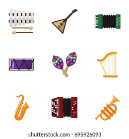 Set Of 9 Editable Melody Flat Icons. Includes Symbols Such As Harmonica, Tuba, Beanbag And More. Can Be Used For Web, Mobile, UI And Infographic Design.
