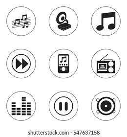 Set Of 9 Editable Melody Icons. Includes Symbols Such As Music Phone, Cassette Player, Phonograph And More. Can Be Used For Web, Mobile, UI And Infographic Design.
