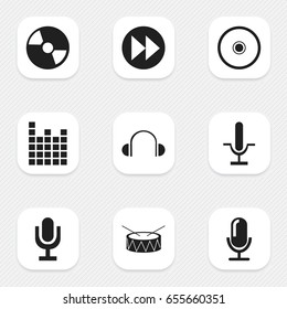 Set Of 9 Editable Melody Icons. Includes Symbols Such As Snare, Media Interview, Radio Mike And More. Can Be Used For Web, Mobile, UI And Infographic Design.