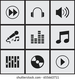 Set Of 9 Editable Melody Icons. Includes Symbols Such As Sound, Rewind, Earphone And More. Can Be Used For Web, Mobile, UI And Infographic Design.