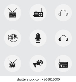 Set Of 9 Editable Melody Icons. Includes Symbols Such As Timpano, Headsets, Drum And More. Can Be Used For Web, Mobile, UI And Infographic Design.