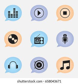 Set Of 9 Editable Melody Icons. Includes Symbols Such As Break Music, Microphone, Disc And More. Can Be Used For Web, Mobile, UI And Infographic Design.