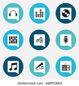 Set Of 9 Editable Melody Icons. Includes Symbols Such As Bar Wave, Equalizer, Cassette Player And More. Can Be Used For Web, Mobile, UI And Infographic Design.