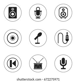 Set Of 9 Editable Melody Icons. Includes Symbols Such As Journalism Equipment, Mike, Cd And More. Can Be Used For Web, Mobile, UI And Infographic Design.