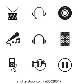 Set Of 9 Editable Melody Icons. Includes Symbols Such As Digital Versatile Disc, Megaphone, Memory And More. Can Be Used For Web, Mobile, UI And Infographic Design.