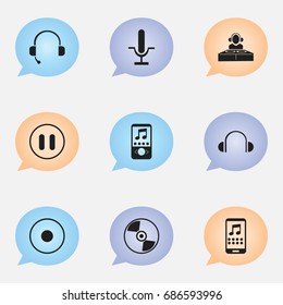 Set Of 9 Editable Melody Icons. Includes Symbols Such As Rec, Disc, Music Phone And More. Can Be Used For Web, Mobile, UI And Infographic Design.