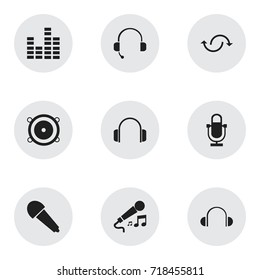 Set Of 9 Editable Melody Icons. Includes Symbols Such As Bar Wave, Recorder, Earflaps And More. Can Be Used For Web, Mobile, UI And Infographic Design.