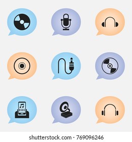 Set Of 9 Editable Melody Icons. Includes Symbols Such As Cd, Disc, Earflaps And More. Can Be Used For Web, Mobile, UI And Infographic Design.