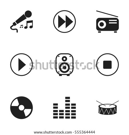 Set Of 9 Editable Melody Icons. Includes Symbols Such As Disc, Speaker, Media Fm And More. Can Be Used For Web, Mobile, UI And Infographic Design.