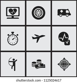 Set of 9 editable mixed icons. Includes symbols such as cardiac, currency, globe and more. Can be used for web, mobile, UI and infographic design.