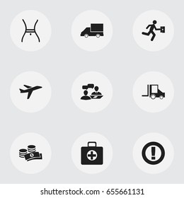 Set Of 9 Editable Mixed Icons. Includes Symbols Such As Van, First Aid Box, Dialogue And More. Can Be Used For Web, Mobile, UI And Infographic Design.