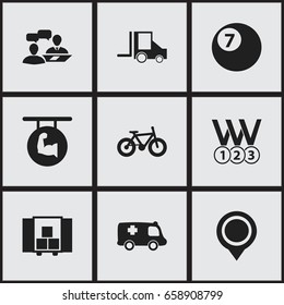 Set Of 9 Editable Mixed Icons. Includes Symbols Such As Billiard, Bicycle, Medals And More. Can Be Used For Web, Mobile, UI And Infographic Design.