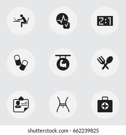 Set Of 9 Editable Mixed Icons. Includes Symbols Such As Belly, Drug, First Aid Box And More. Can Be Used For Web, Mobile, UI And Infographic Design.