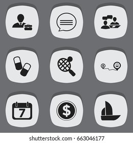 Set Of 9 Editable Mixed Icons. Includes Symbols Such As Chatting, Dialogue, Navigation And More. Can Be Used For Web, Mobile, UI And Infographic Design.
