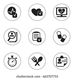 Set Of 9 Editable Mixed Icons. Includes Symbols Such As Cutlery, Identification, Heart Rhythm And More. Can Be Used For Web, Mobile, UI And Infographic Design.