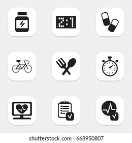 Set Of 9 Editable Mixed Icons. Includes Symbols Such As Cutlery, Questionnaire, Heart Rhythm And More. Can Be Used For Web, Mobile, UI And Infographic Design.