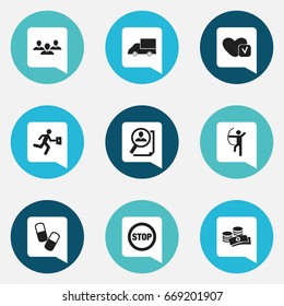 Set Of 9 Editable Mixed Icons. Includes Symbols Such As Group, Drug, Stop And More. Can Be Used For Web, Mobile, UI And Infographic Design.
