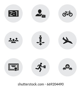 Set Of 9 Editable Mixed Icons. Includes Symbols Such As Employee, Award, Bicycle And More. Can Be Used For Web, Mobile, UI And Infographic Design.