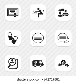 Set Of 9 Editable Mixed Icons. Includes Symbols Such As Messaging, Achievement, Chatting And More. Can Be Used For Web, Mobile, UI And Infographic Design.