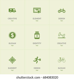 Set Of 9 Editable Mixed Icons. Includes Symbols Such As Currency, Businessman, Bicycle And More. Can Be Used For Web, Mobile, UI And Infographic Design.