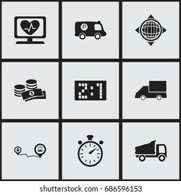 Set Of 9 Editable Mixed Icons. Includes Symbols Such As Truck, Coins, World And More. Can Be Used For Web, Mobile, UI And Infographic Design.