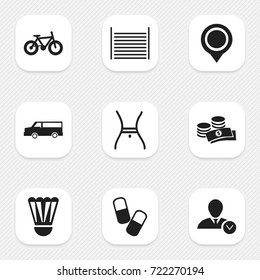 Set Of 9 Editable Mixed Icons. Includes Symbols Such As Drug, Blank, Badminton Ball And More. Can Be Used For Web, Mobile, UI And Infographic Design.
