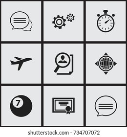 Set Of 9 Editable Mixed Icons. Includes Symbols Such As Chatting, Cogwheel, Achievement And More. Can Be Used For Web, Mobile, UI And Infographic Design.