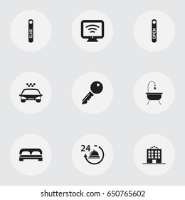 Set Of 9 Editable Motel Icons. Includes Symbols Such As Transport Car, Wireless Tv, Door Closed And More. Can Be Used For Web, Mobile, UI And Infographic Design.