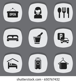 Set Of 9 Editable Motel Icons. Includes Symbols Such As Female, Champagne , Auto Stand. Can Be Used For Web, Mobile, UI And Infographic Design.