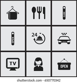 Set Of 9 Editable Motel Icons. Includes Symbols Such As Female, Door Closed, Restaurant And More. Can Be Used For Web, Mobile, UI And Infographic Design.