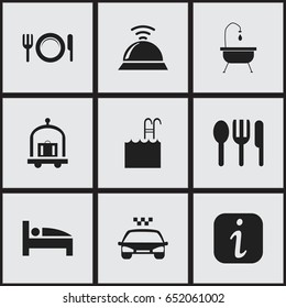 Set Of 9 Editable Motel Icons. Includes Symbols Such As Pool, Bearings, Service Bell And More. Can Be Used For Web, Mobile, UI And Infographic Design.