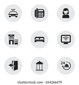 Set Of 9 Editable Motel Icons. Includes Symbols Such As Wireless Tv, Female, Entrance And More. Can Be Used For Web, Mobile, UI And Infographic Design.
