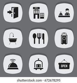 Set Of 9 Editable Motel Icons. Includes Symbols Such As Hotel, Entry, Shower And More. Can Be Used For Web, Mobile, UI And Infographic Design.