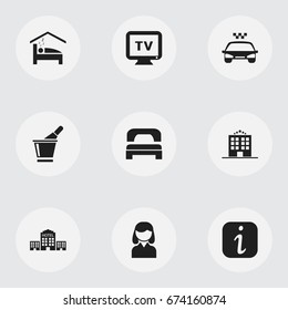 Set Of 9 Editable Motel Icons. Includes Symbols Such As Townhouse, Champagne, Hostel And More. Can Be Used For Web, Mobile, UI And Infographic Design.