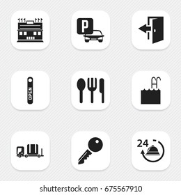 Set Of 9 Editable Motel Icons. Includes Symbols Such As Luggage, Open Sign, Reception And More. Can Be Used For Web, Mobile, UI And Infographic Design.