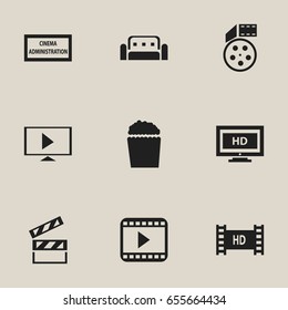 Set Of 9 Editable Movie Icons. Includes Symbols Such As Start Video, Movie Player, Reel And More. Can Be Used For Web, Mobile, UI And Infographic Design.