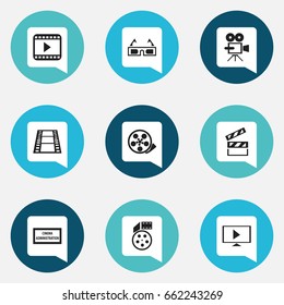 Set Of 9 Editable Movie Icons. Includes Symbols Such As 3D Vision, Movie Player, Record Cam And More. Can Be Used For Web, Mobile, UI And Infographic Design.