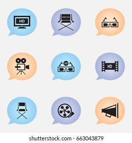 Set Of 9 Editable Movie Icons. Includes Symbols Such As Chair, Loudspeaker, Record Cam And More. Can Be Used For Web, Mobile, UI And Infographic Design.
