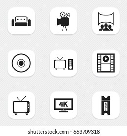 Set Of 9 Editable Movie Icons. Includes Symbols Such As Couch, Compact Disk, Monitor With Processor And More. Can Be Used For Web, Mobile, UI And Infographic Design.