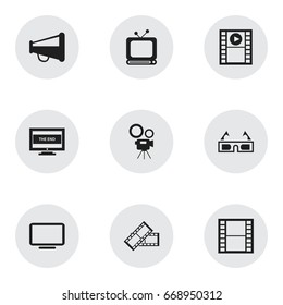Set Of 9 Editable Movie Icons. Includes Symbols Such As Display Unit, Tv, Movie Camera And More. Can Be Used For Web, Mobile, UI And Infographic Design.